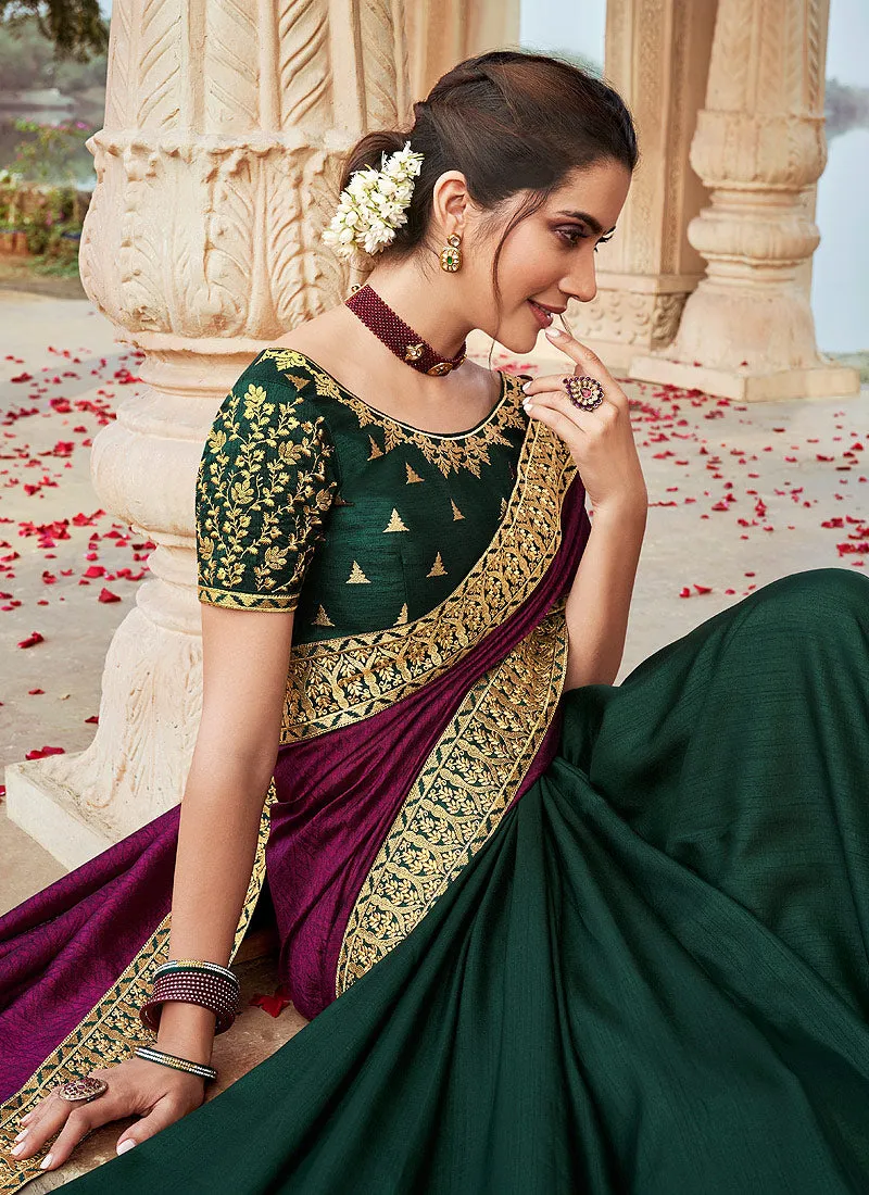 Wine And Green Multi Embroidered Saree