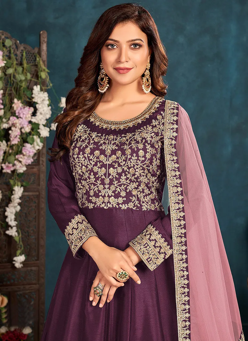 Wine Embroidered Belt Style Silk Anarkali Suit