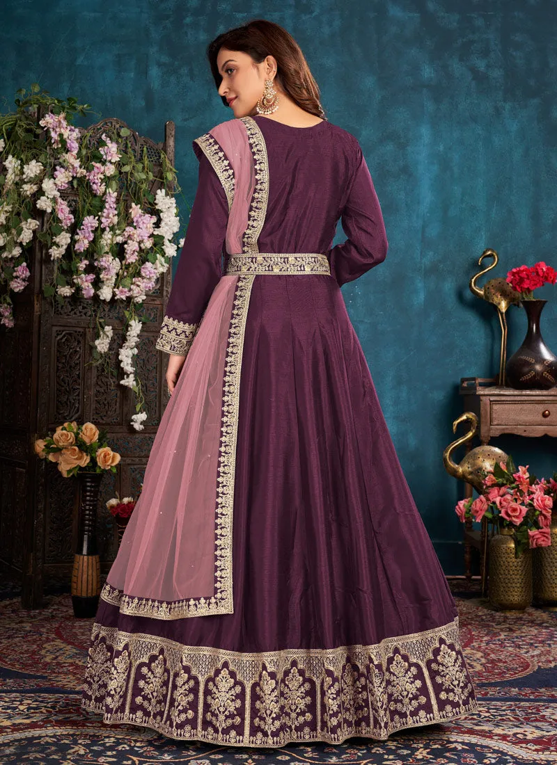 Wine Embroidered Belt Style Silk Anarkali Suit