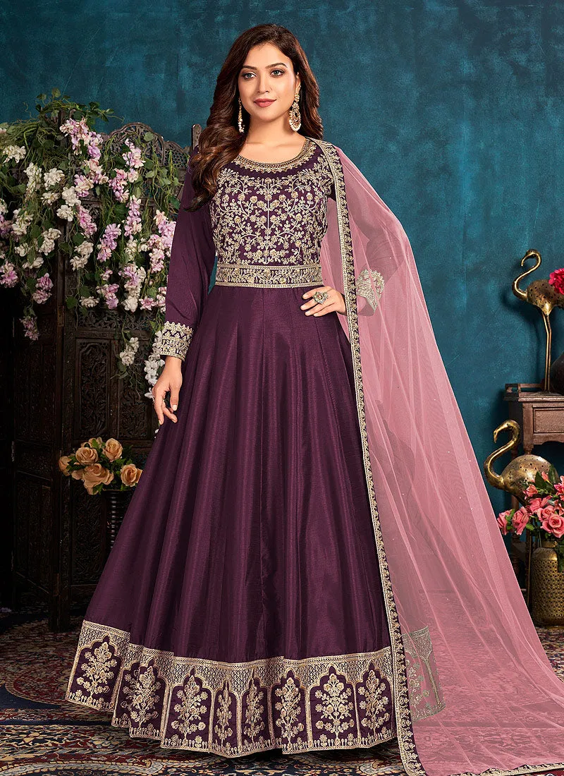 Wine Embroidered Belt Style Silk Anarkali Suit