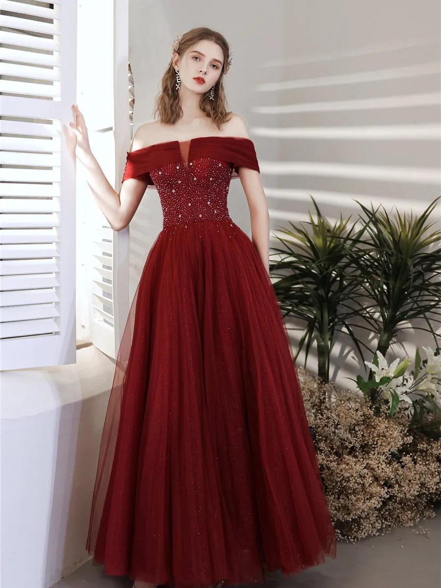 Wine Red Beaded Off Shoulder Lace-up Prom Dress, Wine Red Evening Party Dress