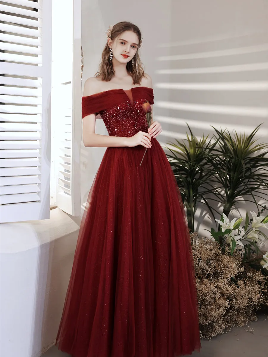 Wine Red Beaded Off Shoulder Lace-up Prom Dress, Wine Red Evening Party Dress