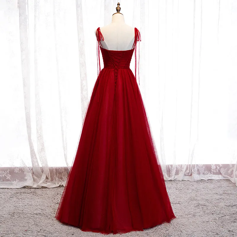 Wine Red Beaded Sweetheart Tulle Floor Length Party Dress, Wine Red Long Prom Dress