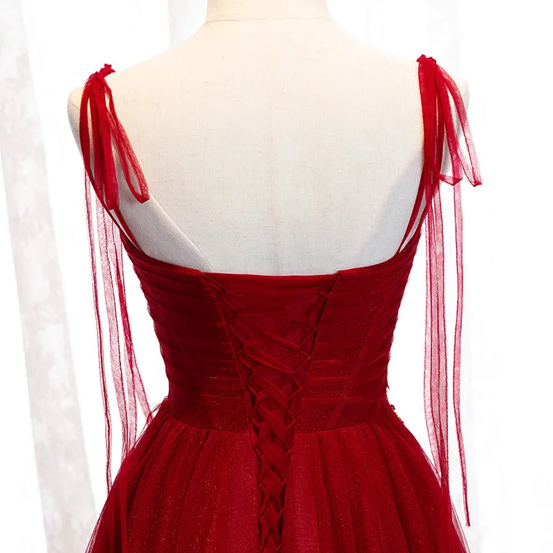 Wine Red Beaded Sweetheart Tulle Floor Length Party Dress, Wine Red Long Prom Dress