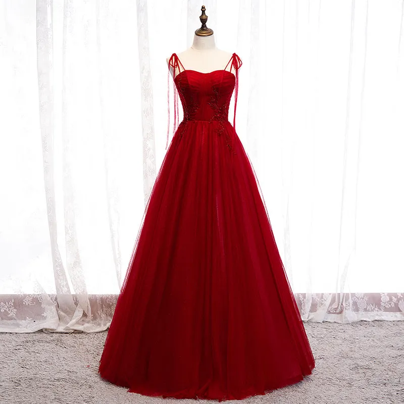 Wine Red Beaded Sweetheart Tulle Floor Length Party Dress, Wine Red Long Prom Dress