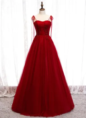 Wine Red Beaded Sweetheart Tulle Floor Length Party Dress, Wine Red Long Prom Dress