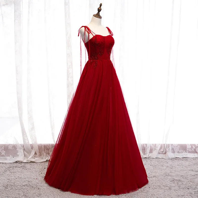 Wine Red Beaded Sweetheart Tulle Floor Length Party Dress, Wine Red Long Prom Dress