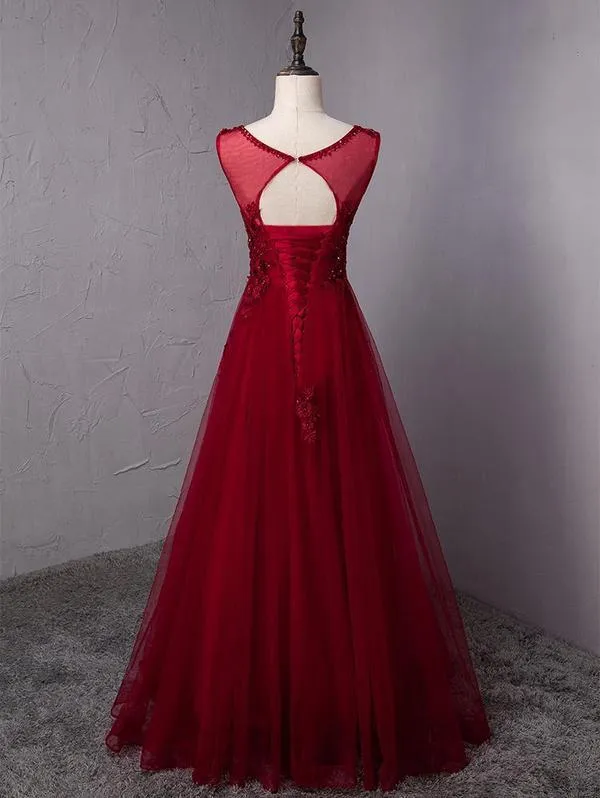 Wine Red Round Neckline Beaded Long Party Dress, Burgundy Tulle Prom Dress