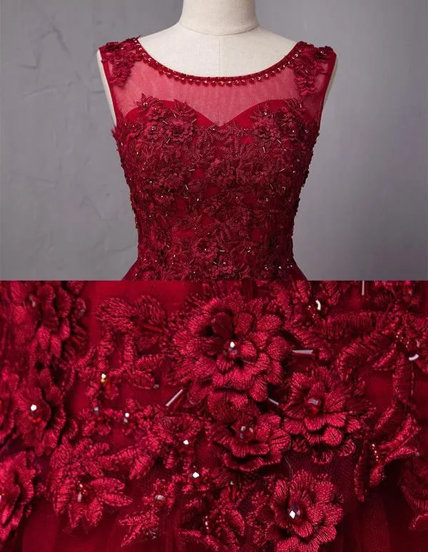 Wine Red Round Neckline Beaded Long Party Dress, Burgundy Tulle Prom Dress