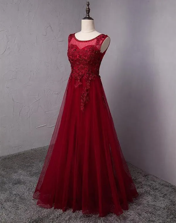 Wine Red Round Neckline Beaded Long Party Dress, Burgundy Tulle Prom Dress