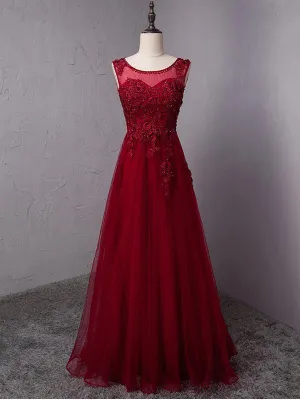 Wine Red Round Neckline Beaded Long Party Dress, Burgundy Tulle Prom Dress