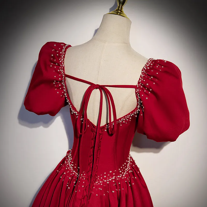 Wine Red Satin Long Beaded Floor Length Party Dress, Wine Red Prom Dress