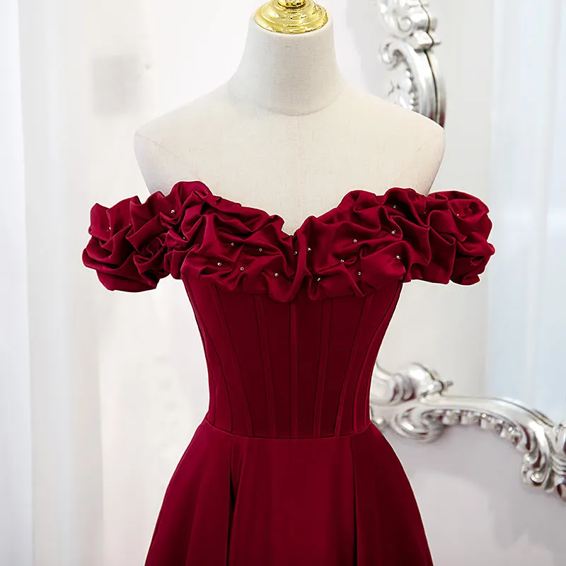 Wine Red Satin Off Shoulder Beaded Long Formal Dress, Wine Red A-line Prom Dress