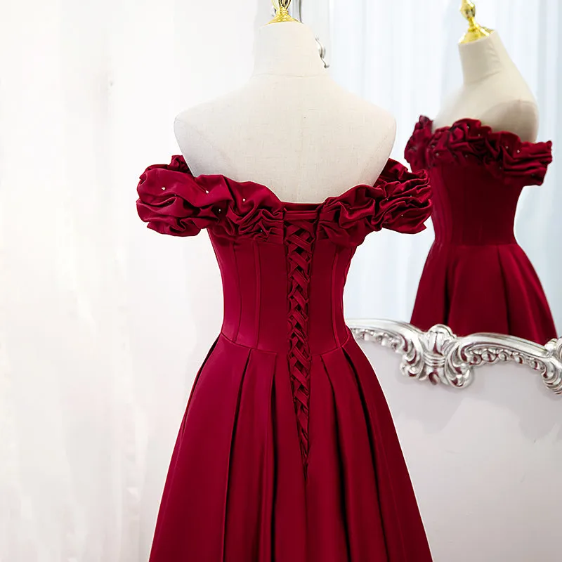 Wine Red Satin Off Shoulder Beaded Long Formal Dress, Wine Red A-line Prom Dress