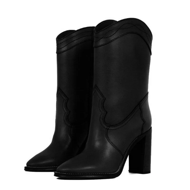Women Leather Brown Knee High Boots Runway Chunky Heels Shoes