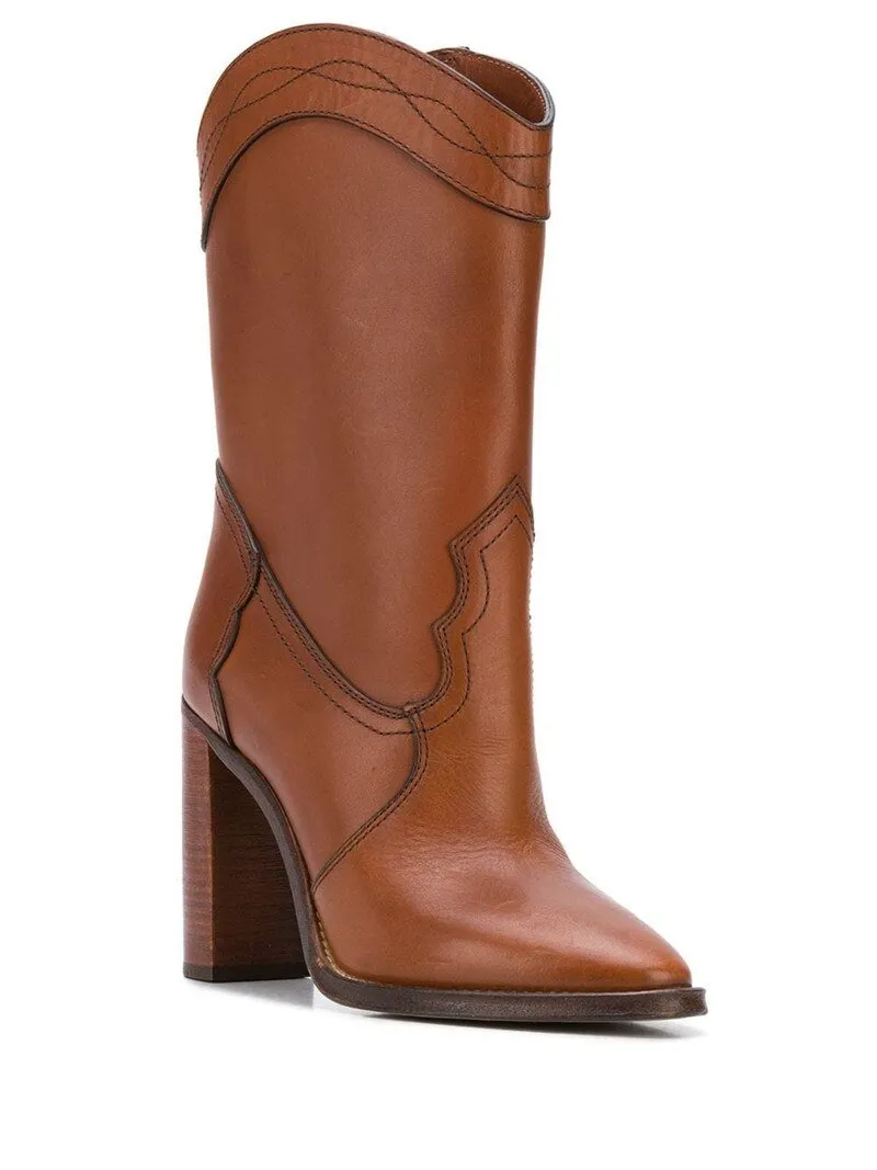 Women Leather Brown Knee High Boots Runway Chunky Heels Shoes
