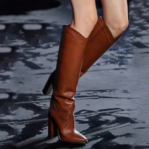 Women Leather Brown Knee High Boots Runway Chunky Heels Shoes