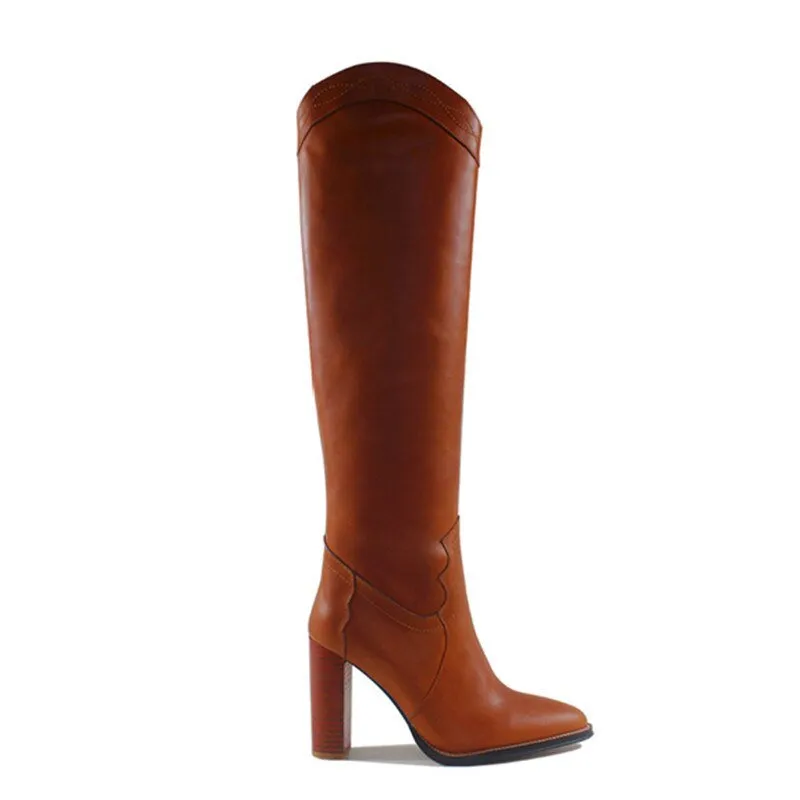 Women Leather Brown Knee High Boots Runway Chunky Heels Shoes