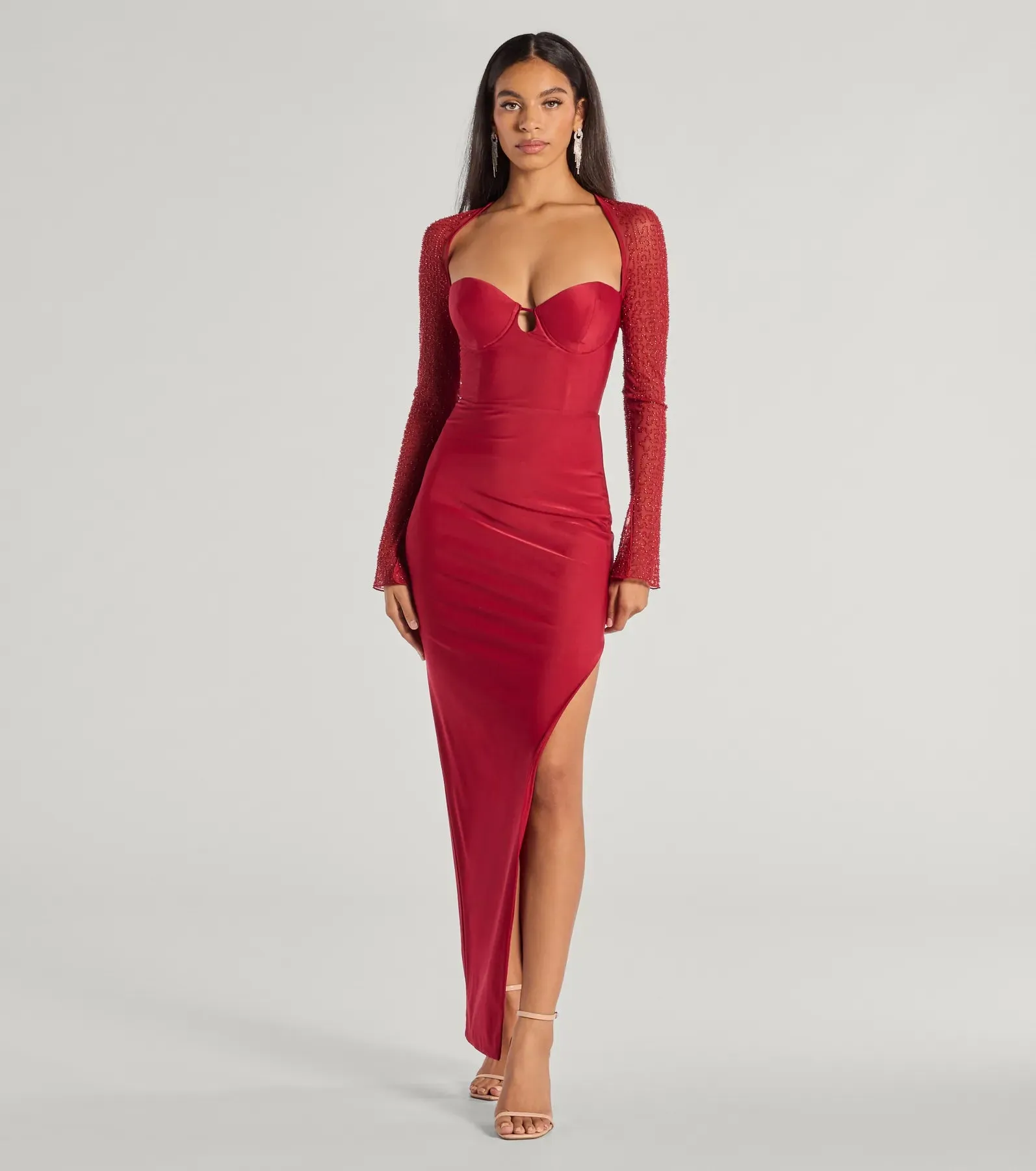 Wren Long Sleeve Beaded High Slit Long Dress