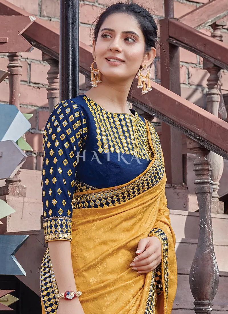 Yellow And Blue Traditional Silk Saree