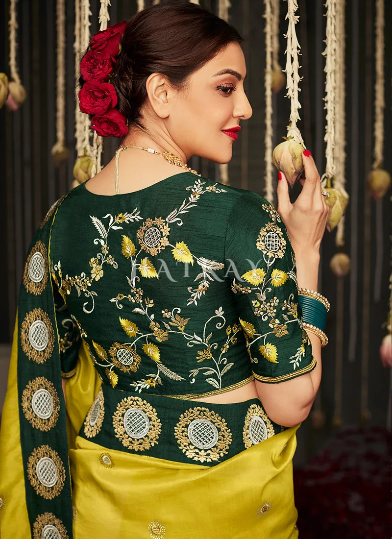 Yellow And Green Embroidered Satin Silk Saree