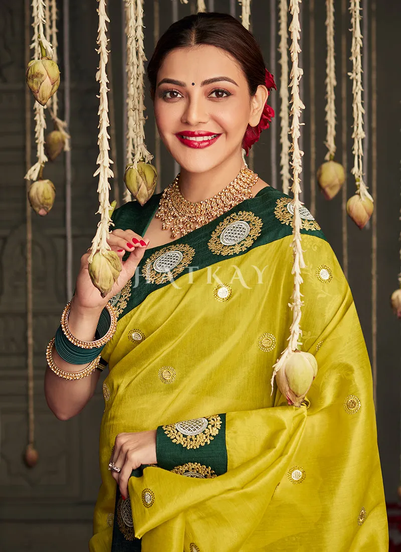 Yellow And Green Embroidered Satin Silk Saree
