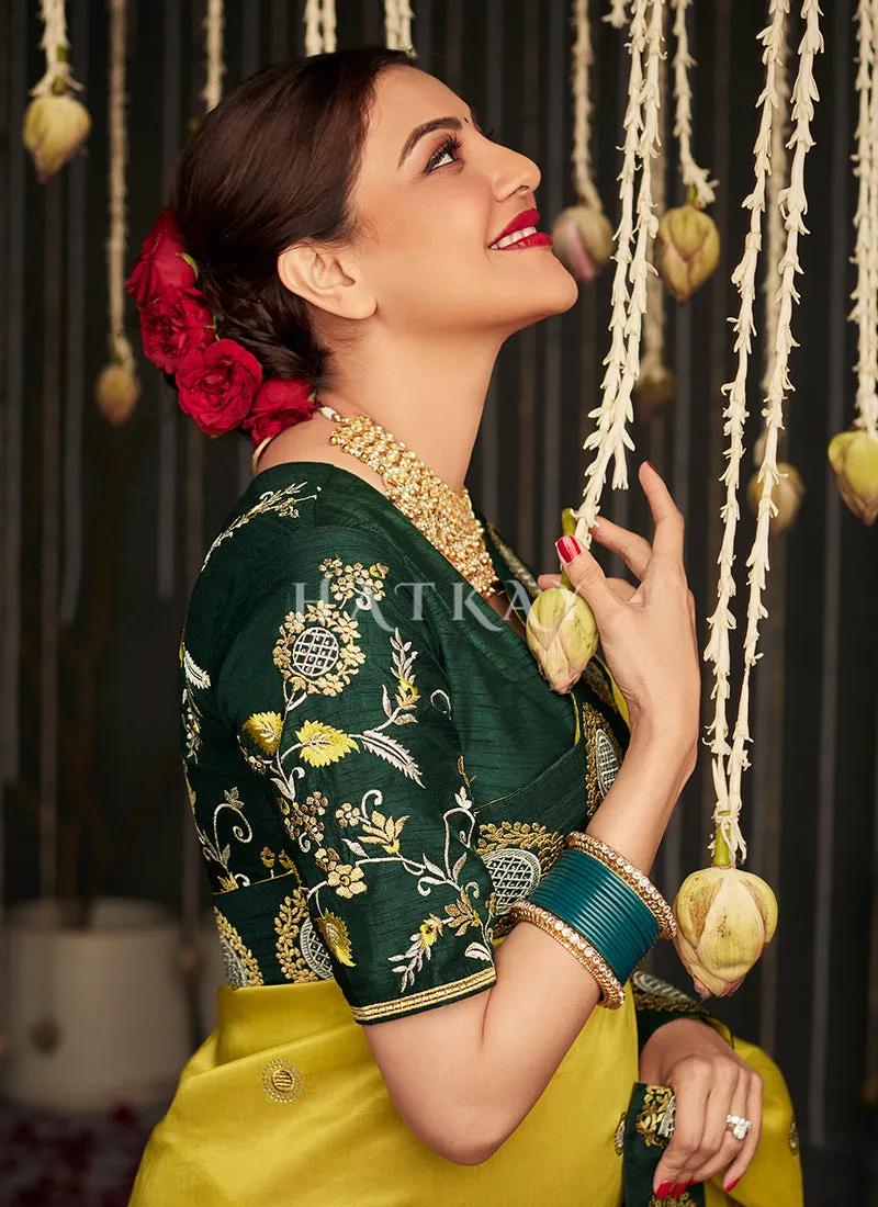 Yellow And Green Embroidered Satin Silk Saree