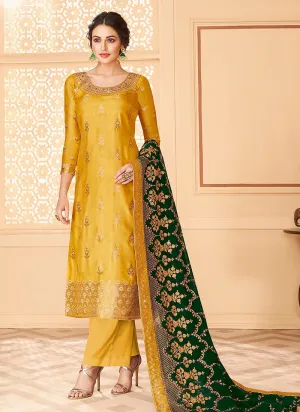 Yellow And Green Jacquard Palazzo Suit