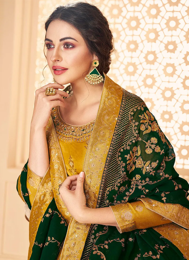 Yellow And Green Jacquard Palazzo Suit