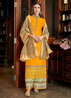 Yellow And Green Silk Palazzos Pant Suit