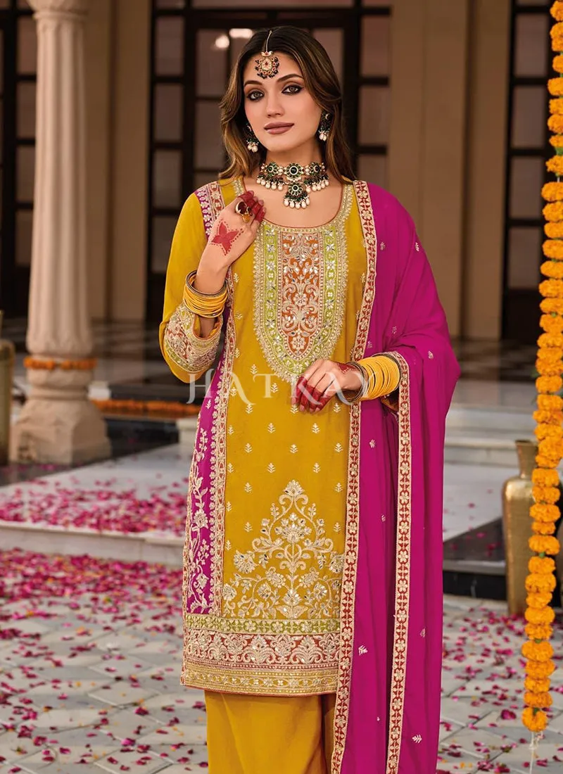 Yellow And Pink Embroidery Salwar Suit