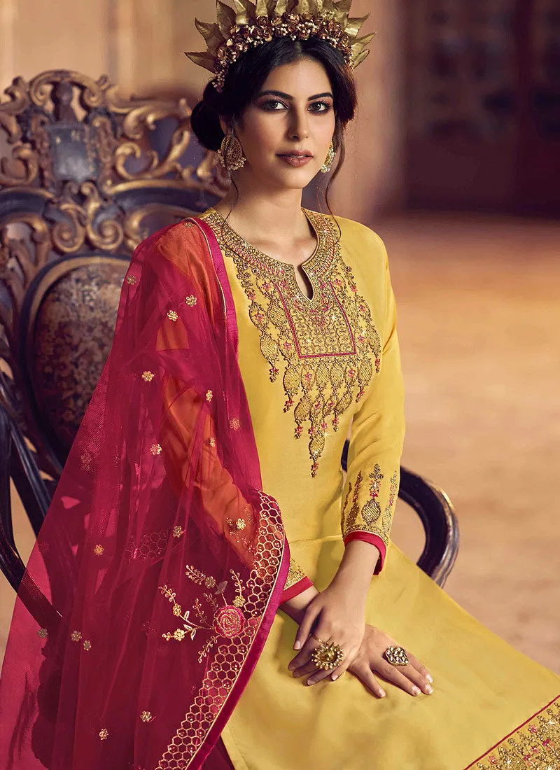 Yellow And Red Embroidered Traditional Lehenga Suit