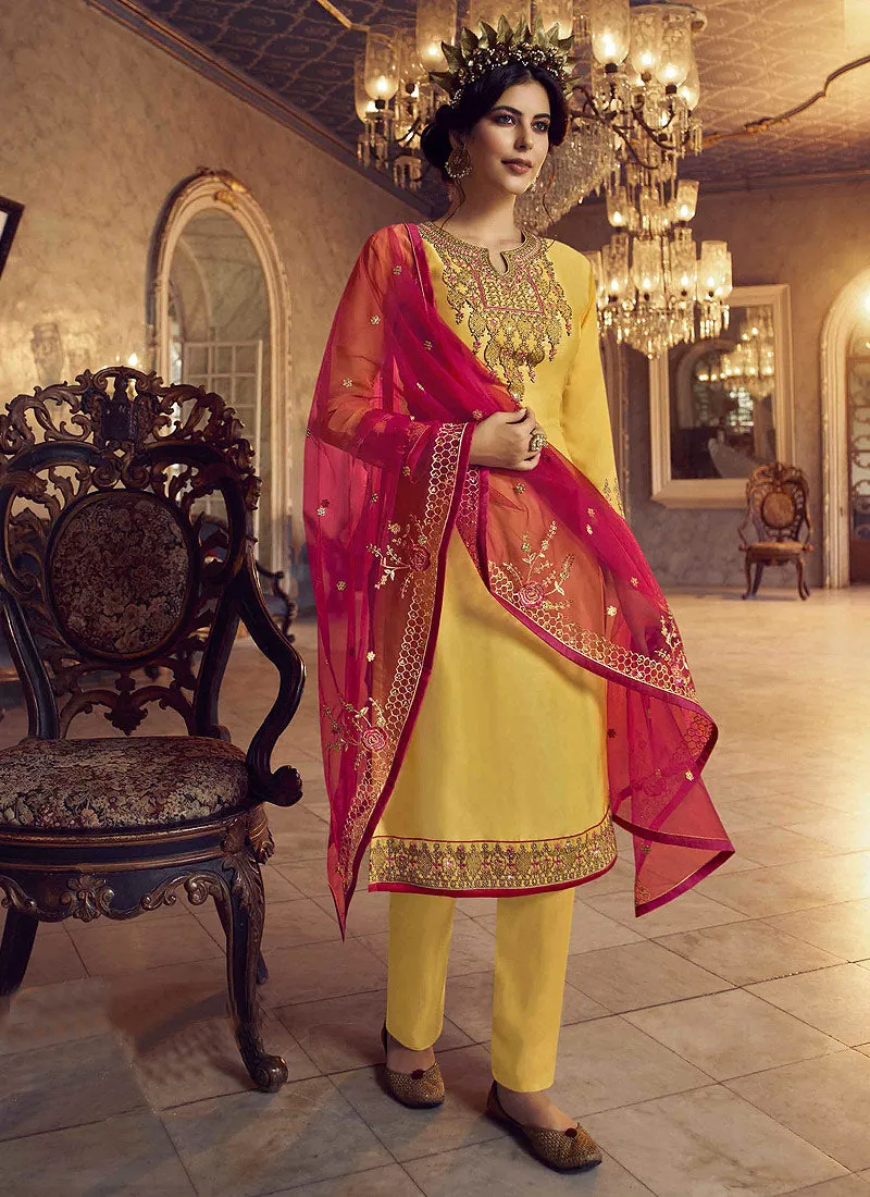 Yellow And Red Embroidered Traditional Lehenga Suit