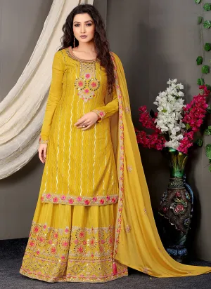 Yellow Chiffon Multi Embroidered Palazzo Suit