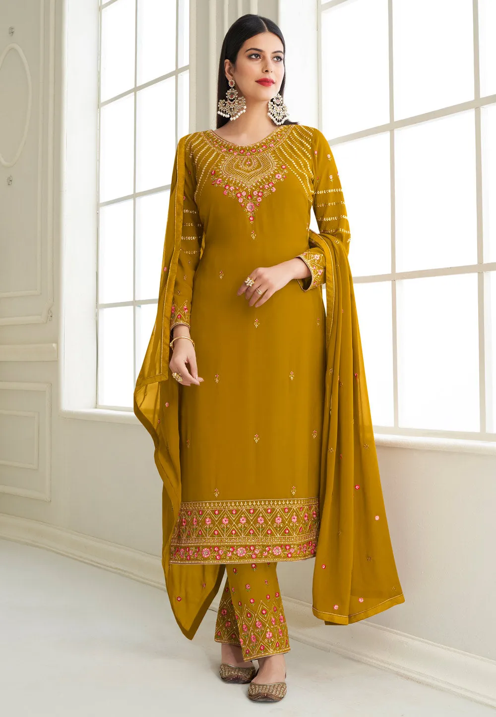 Yellow Embroidered Pant Style Suit