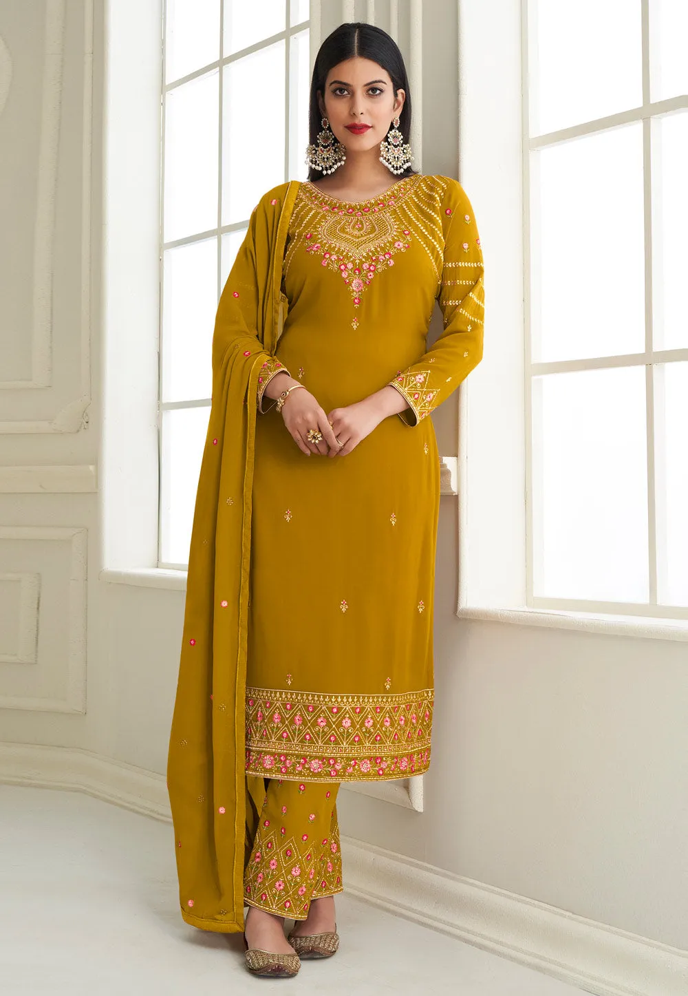 Yellow Embroidered Pant Style Suit