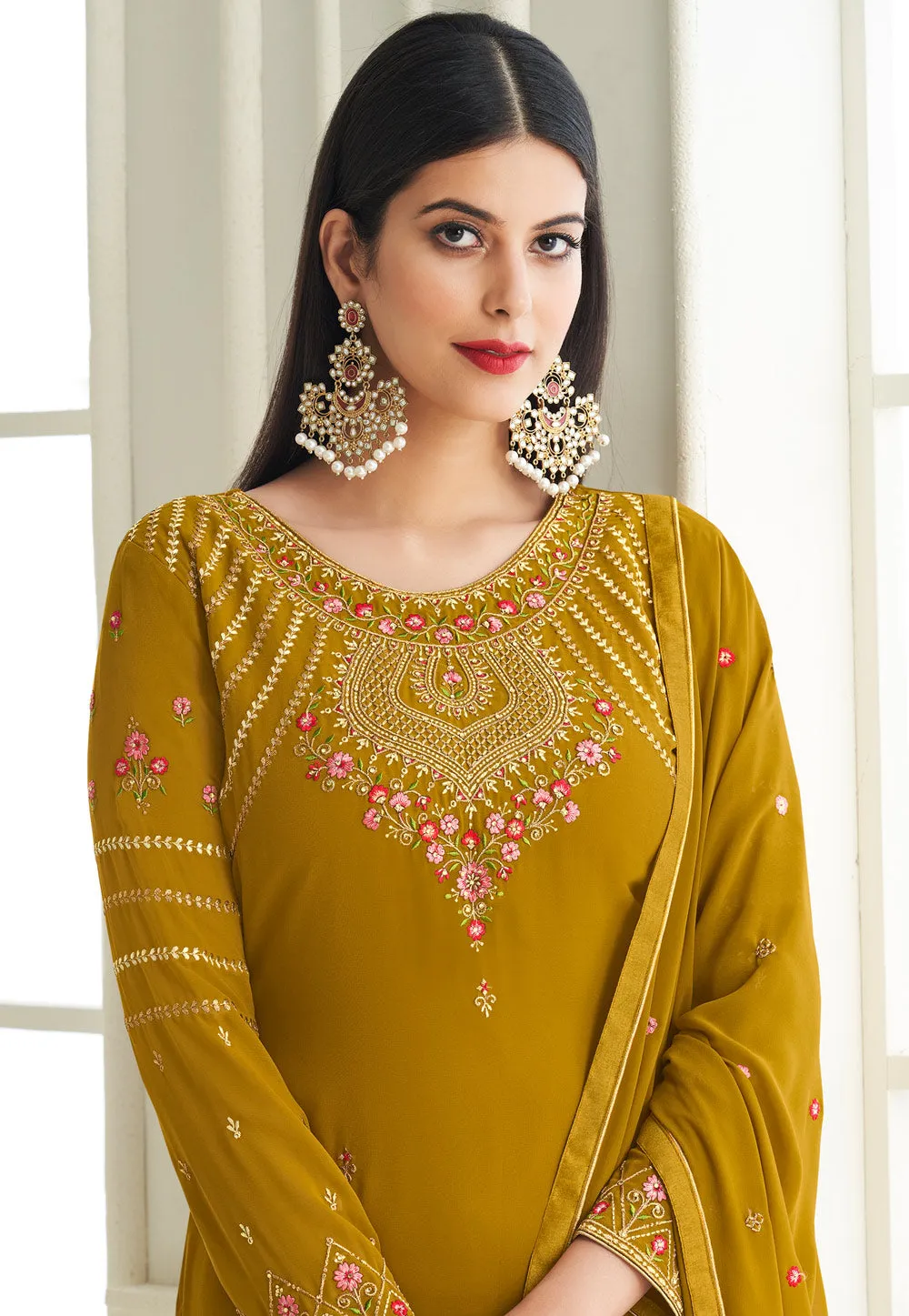 Yellow Embroidered Pant Style Suit