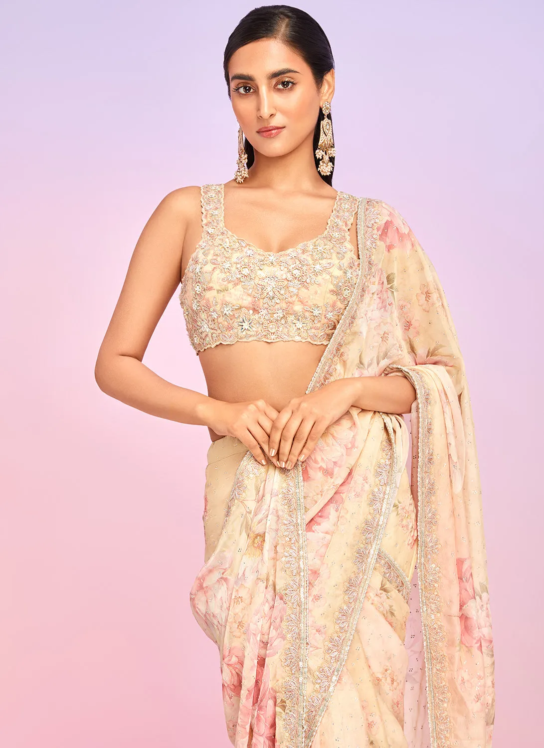 Yellow Floral Embellished Saree