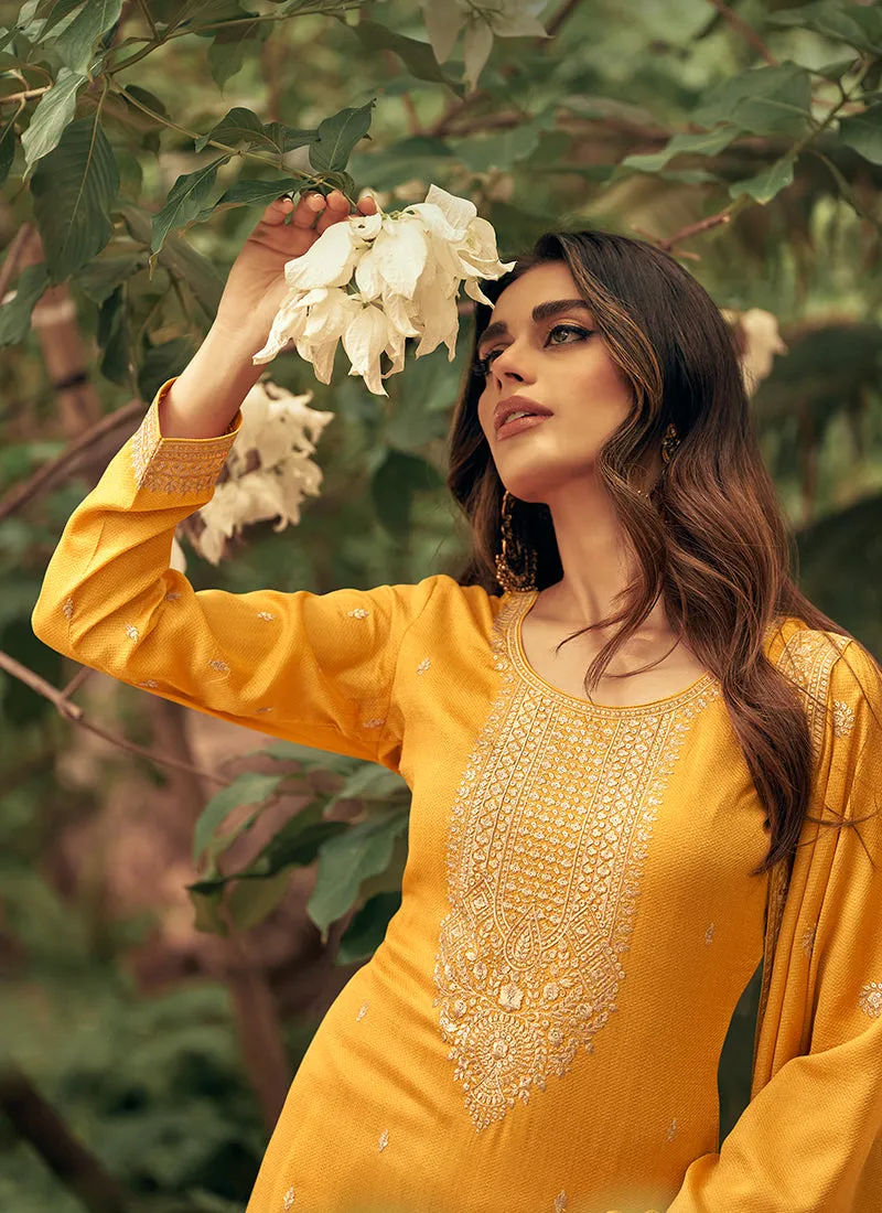 Yellow Sequence Embroidery Silk Palazzo Suit