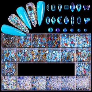 Yzzseven 12 Types of 600 Diamonds  2500 Flat Rhinestones Mix 20 Styles Flatback Rhinestone Crystals 3D Decorations Flat Back Stones Gems Set for for Nail Art DIY|（Hole green）
